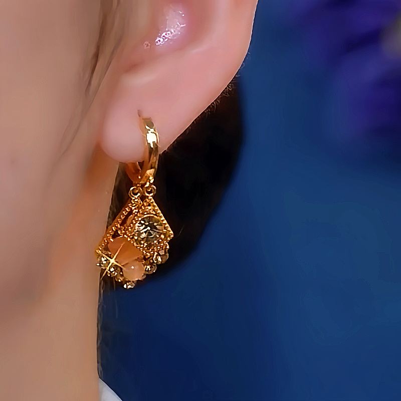 14K Gold-Plated Elegant Cat's Eye Diamond Earrings