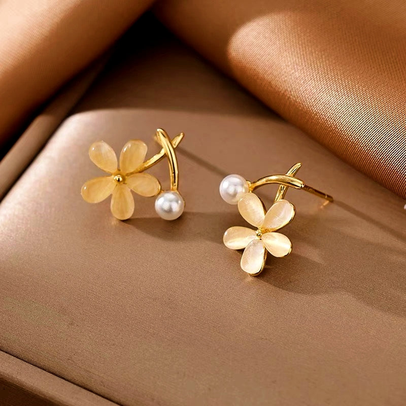 14K Gold-Plated Elegant Cat's Eye Flower Earrings