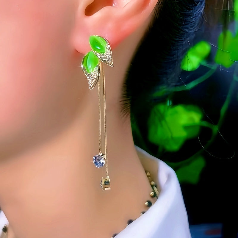 14K Gold-Plated Elegant Cat's Eye Leaf Tassel Earrings