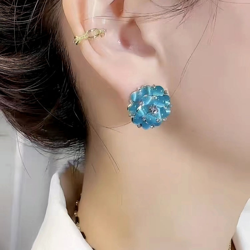 14K Gold-Plated Elegant Cat's Eye Stone Flower Earrings
