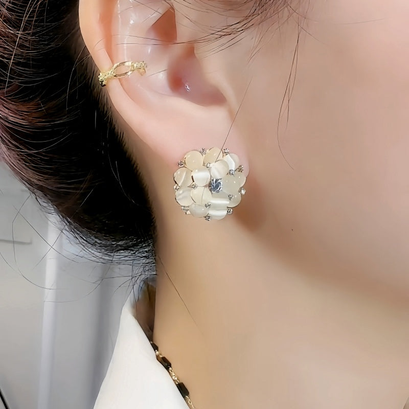14K Gold-Plated Elegant Cat's Eye Stone Flower Earrings