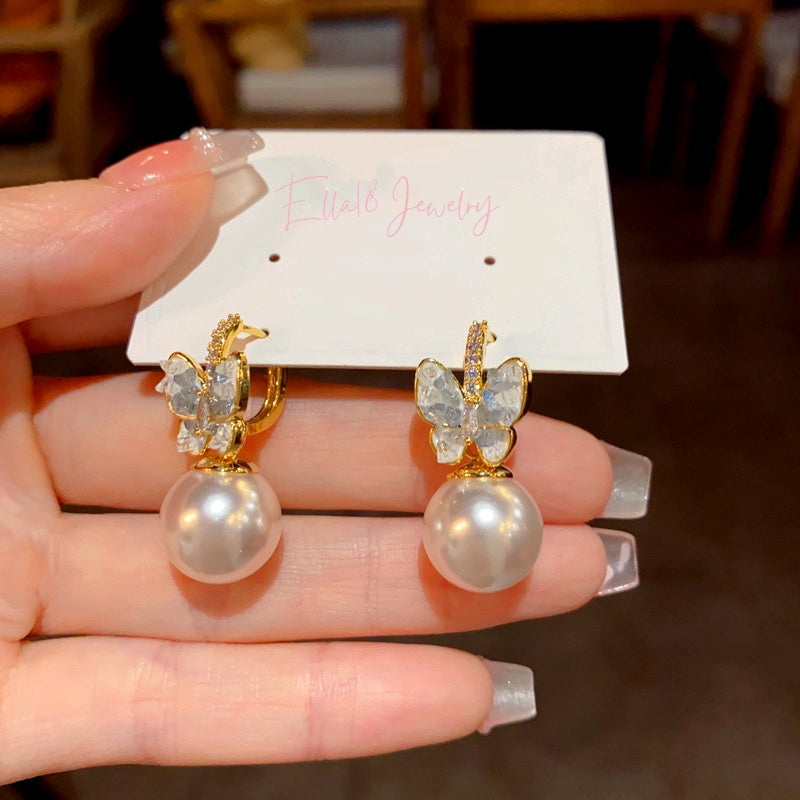 14K Gold-Plated Elegant Crystal Butterfly Pendant Pearl Earrings