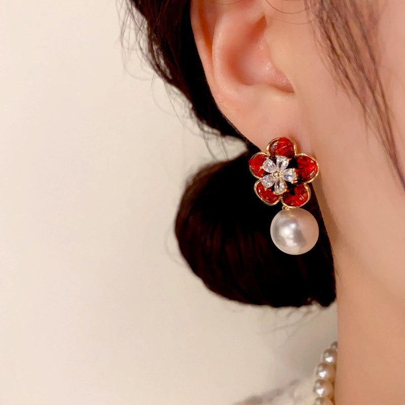 14K Gold-Plated Elegant Crystal Flower Pearl Earrings