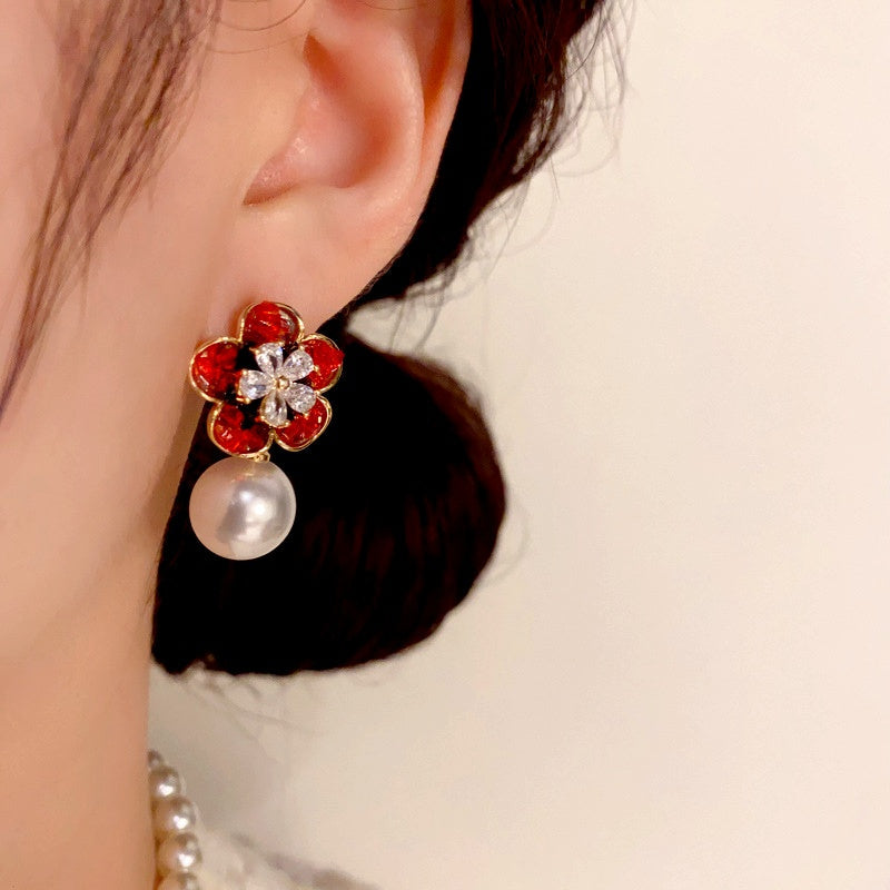 14K Gold-Plated Elegant Crystal Flower Pearl Earrings