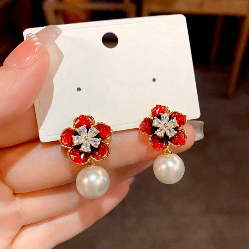14K Gold-Plated Elegant Crystal Flower Pearl Earrings