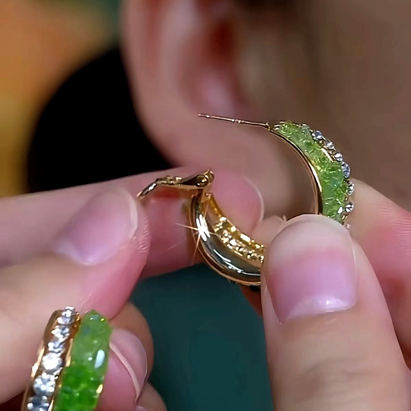 14K Gold-Plated Elegant Diamond-Encrusted Green Crystal Hoop Earrings