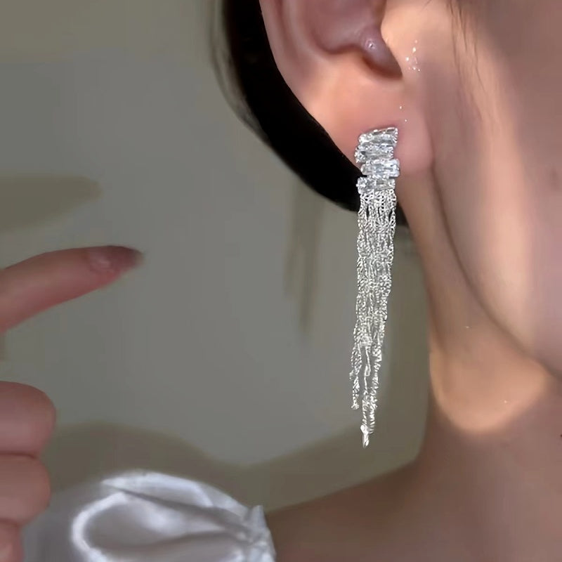 14K Gold-Plated Elegant Diamond-Filled Starry Sky Tassel Earrings