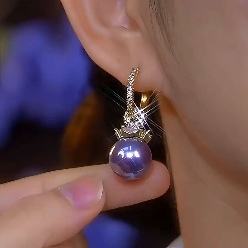 14K Gold-Plated Elegant Diamond-Studded Purple Pearl Earrings