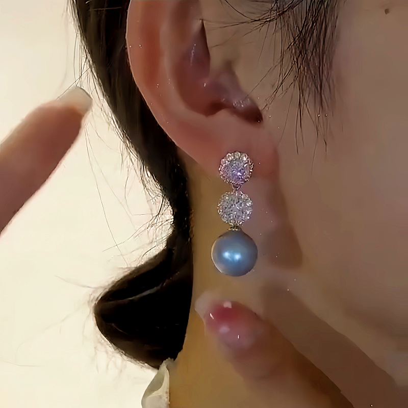 14K Gold-Plated Elegant Diamond Blue Pearl Earrings