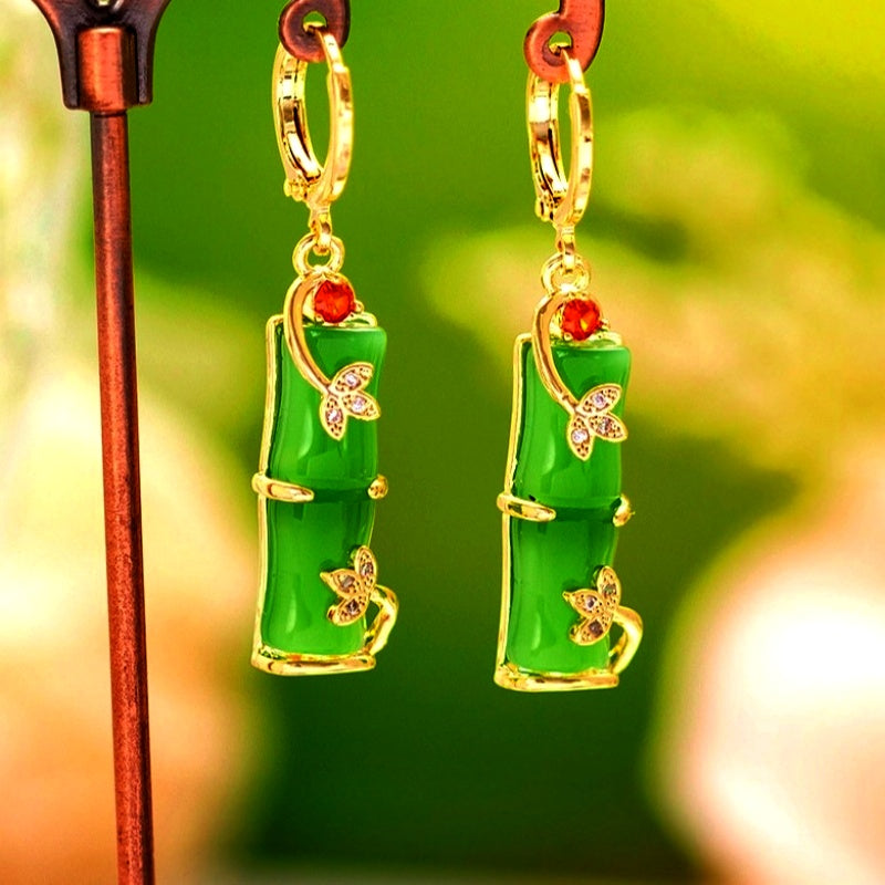 14K Gold-Plated Elegant Diamond Cat's Eye Stone Bamboo Earrings