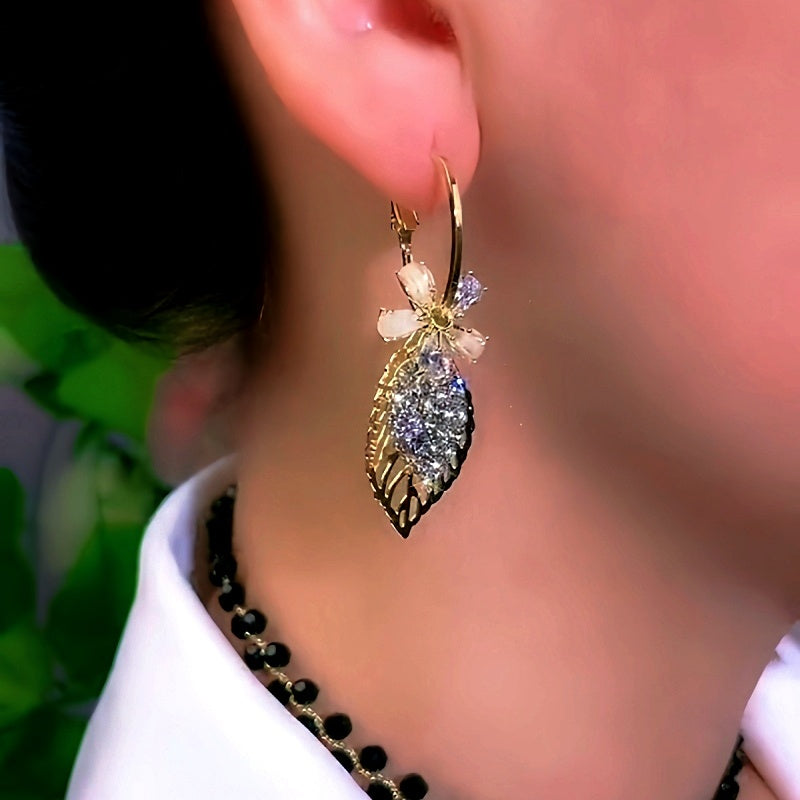 14K Gold-Plated Elegant Diamond Flower And Leaf Earrings