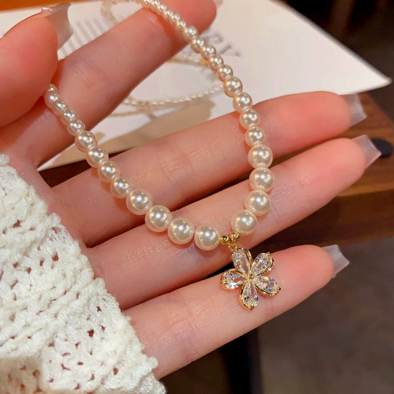 14K Gold-Plated Elegant Diamond Flower Pearl Necklaces