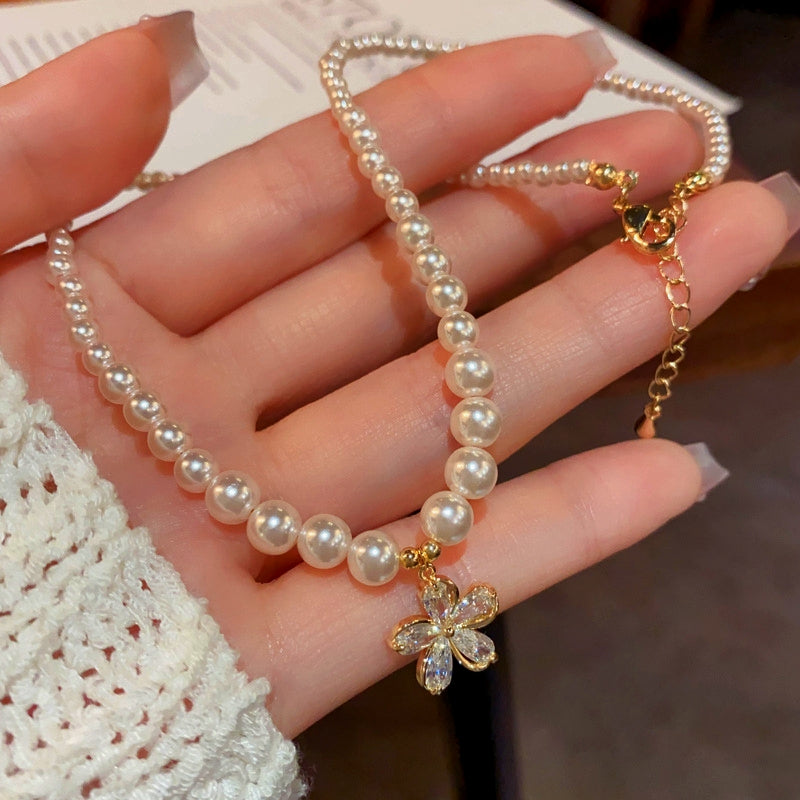 14K Gold-Plated Elegant Diamond Flower Pearl Necklaces