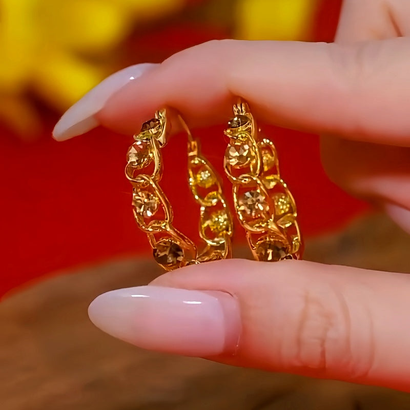 14K Gold-Plated Elegant Diamond Geometric Hoop Earrings