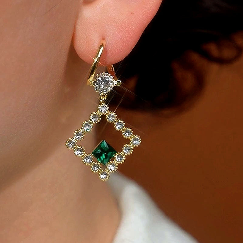 14K Gold-Plated Elegant Diamond Green Crystal Earrings