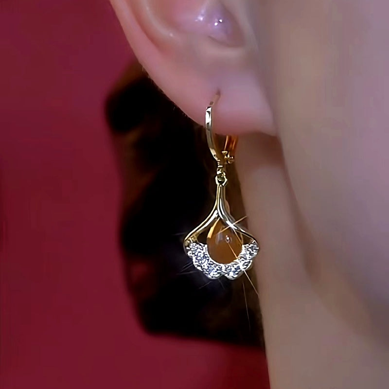 14K Gold-Plated Elegant Diamond Leaf Earrings