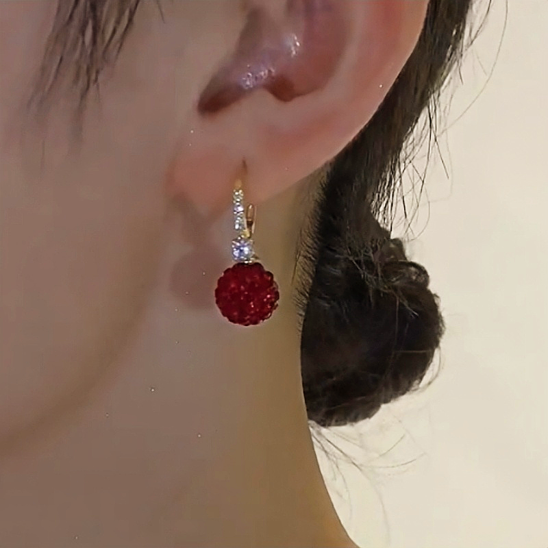 14K Gold-Plated Elegant Diamond Red Ball Earrings