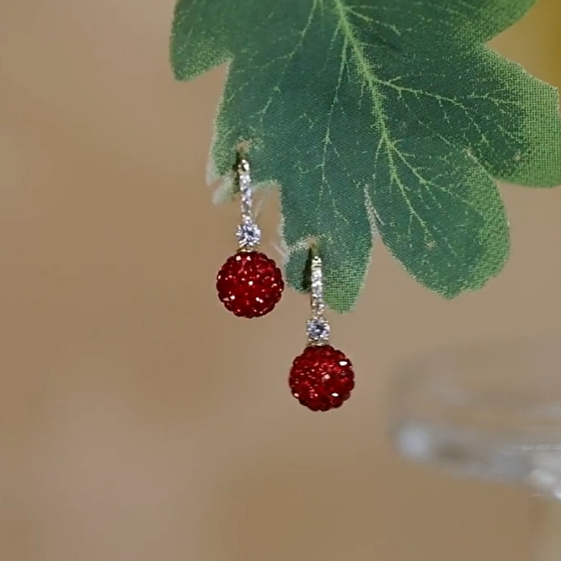 14K Gold-Plated Elegant Diamond Red Ball Earrings