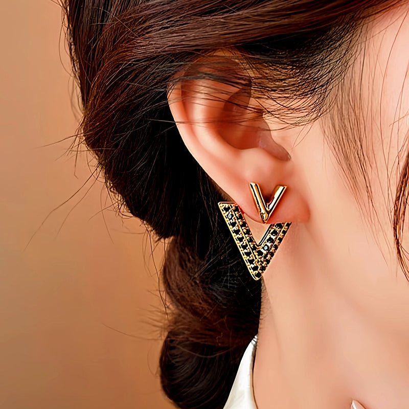14K Gold-Plated Elegant Diamond V Letter Earrings