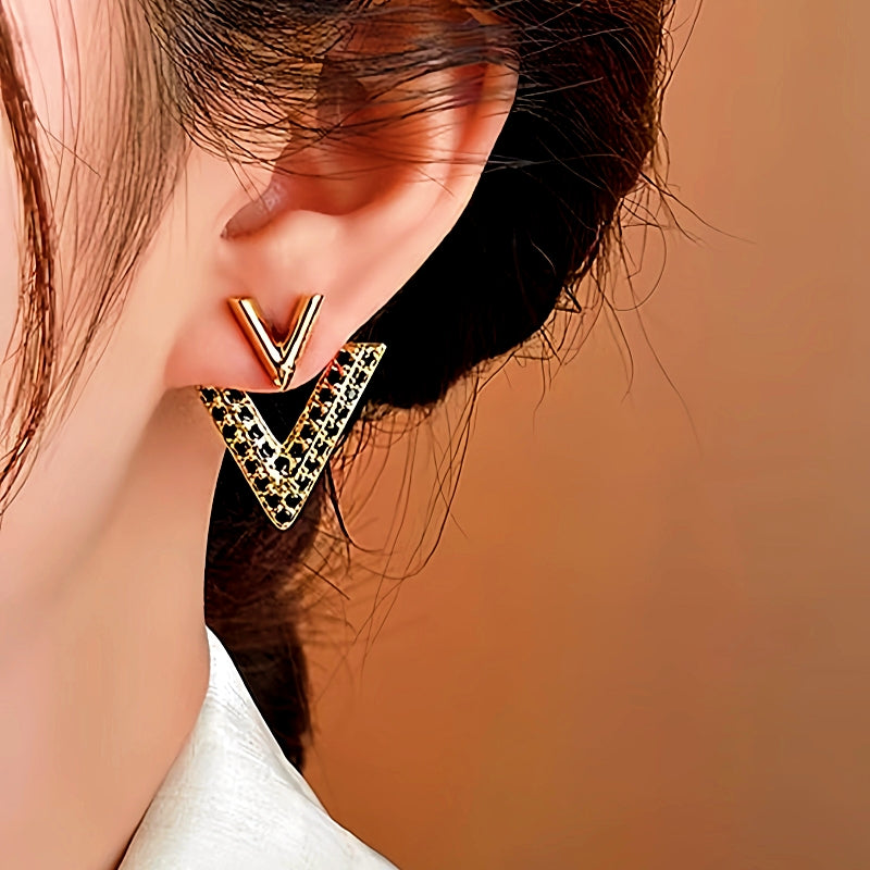 14K Gold-Plated Elegant Diamond V Letter Earrings
