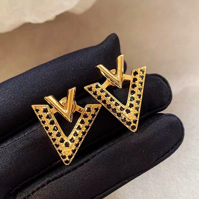 14K Gold-Plated Elegant Diamond V Letter Earrings