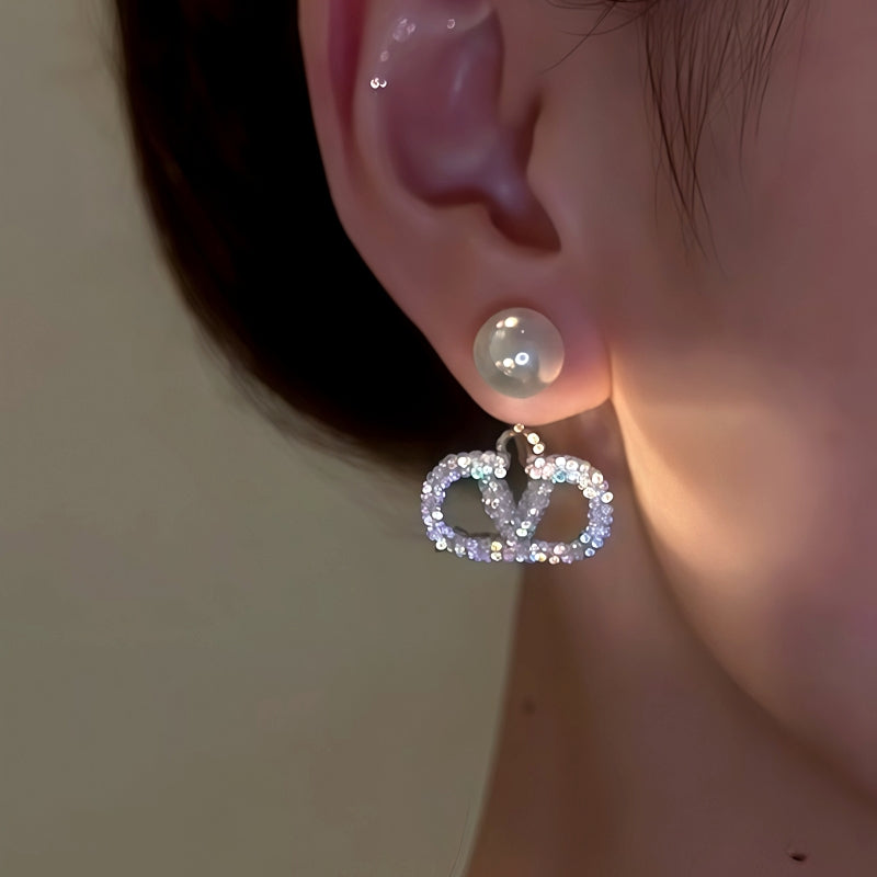 14K Gold-Plated Elegant Diamond V Letter Pearl Earrings