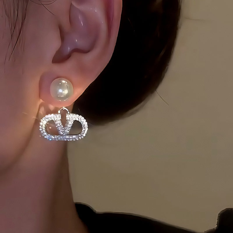 14K Gold-Plated Elegant Diamond V Letter Pearl Earrings