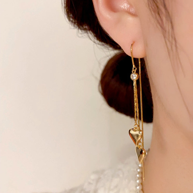 14K Gold-Plated Elegant Double-Heart Threader Tassel Earrings