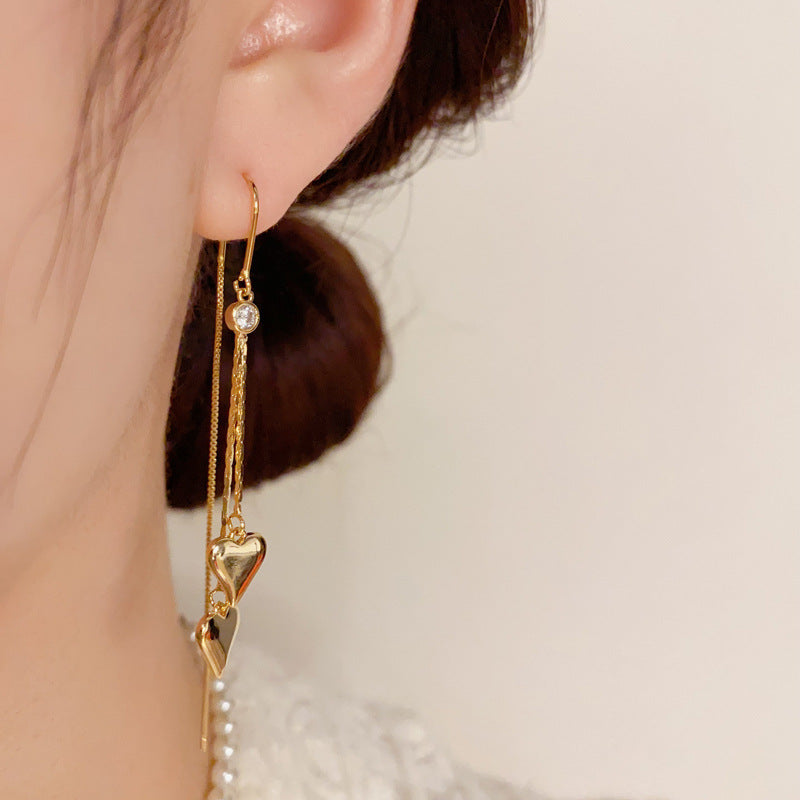 14K Gold-Plated Elegant Double-Heart Threader Tassel Earrings
