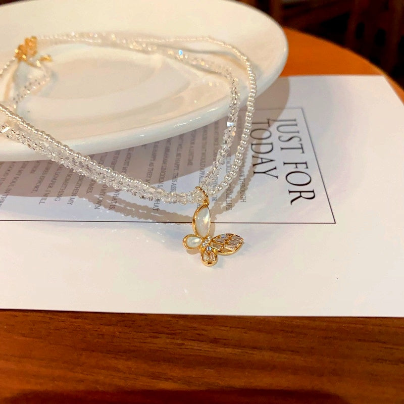 14K Gold-Plated Elegant Double-Layer Pearl Butterfly Necklaces