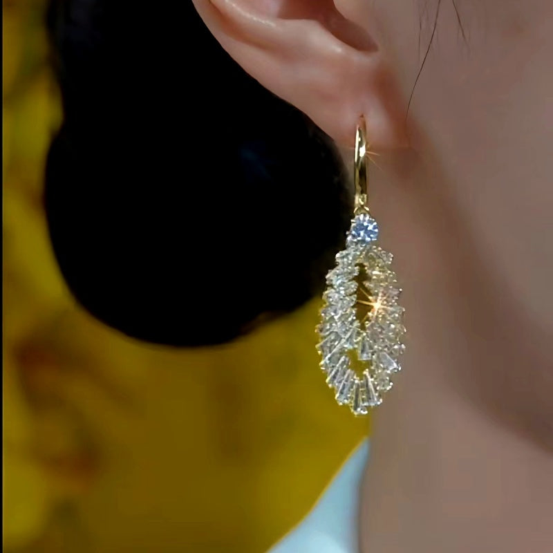 14K Gold-Plated Elegant Double-Layer Zircon Leaf Earrings