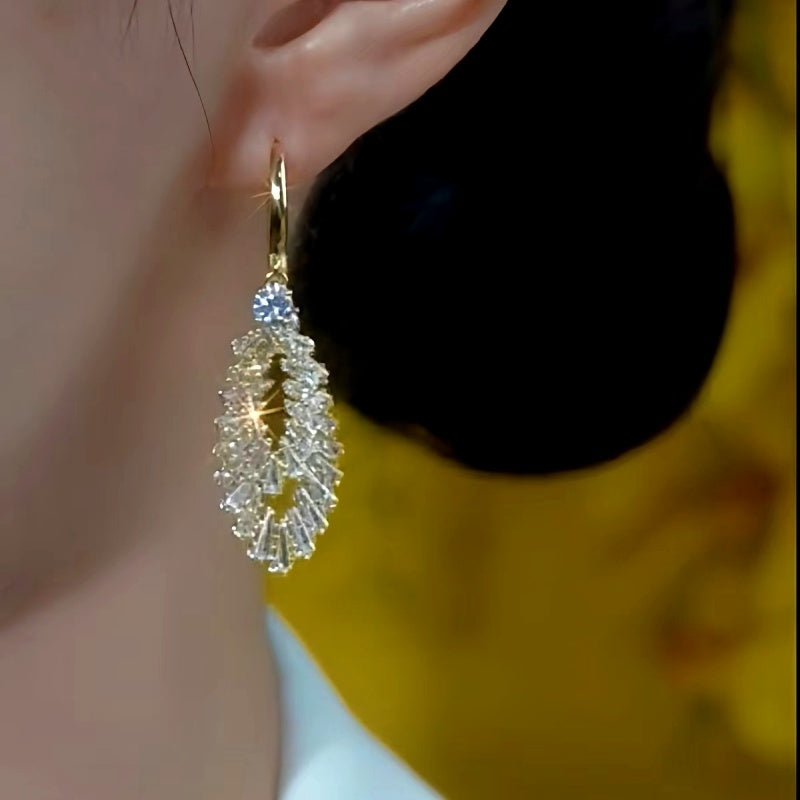 14K Gold-Plated Elegant Double-Layer Zircon Leaf Earrings