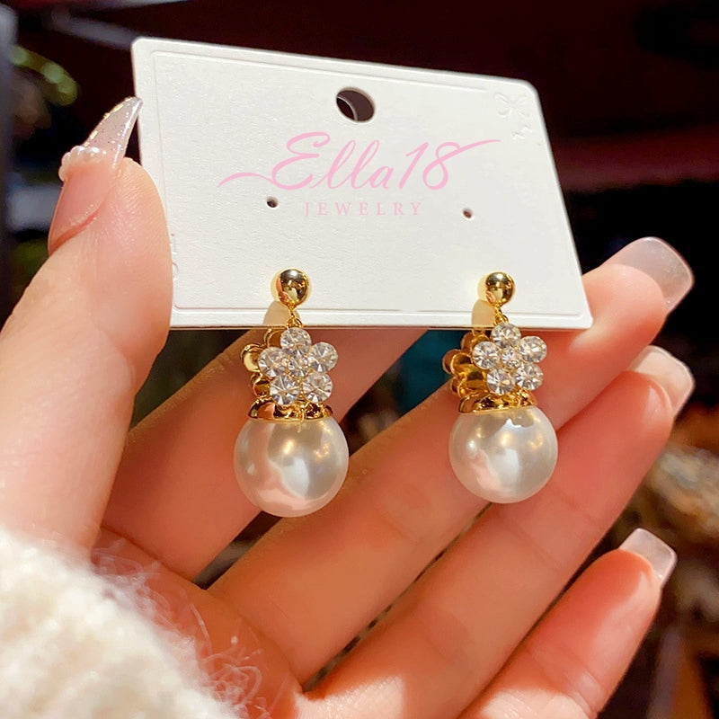 14K Gold-Plated Elegant Double-Sided Flower Pearl Earrings