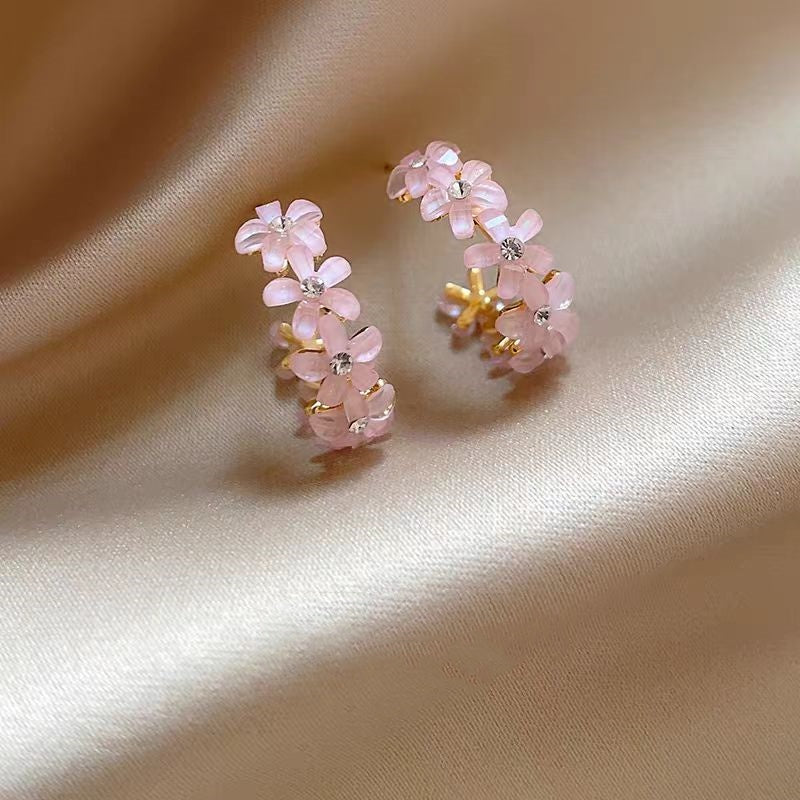 14K Gold-Plated Elegant Flower C-Shaped Earrings