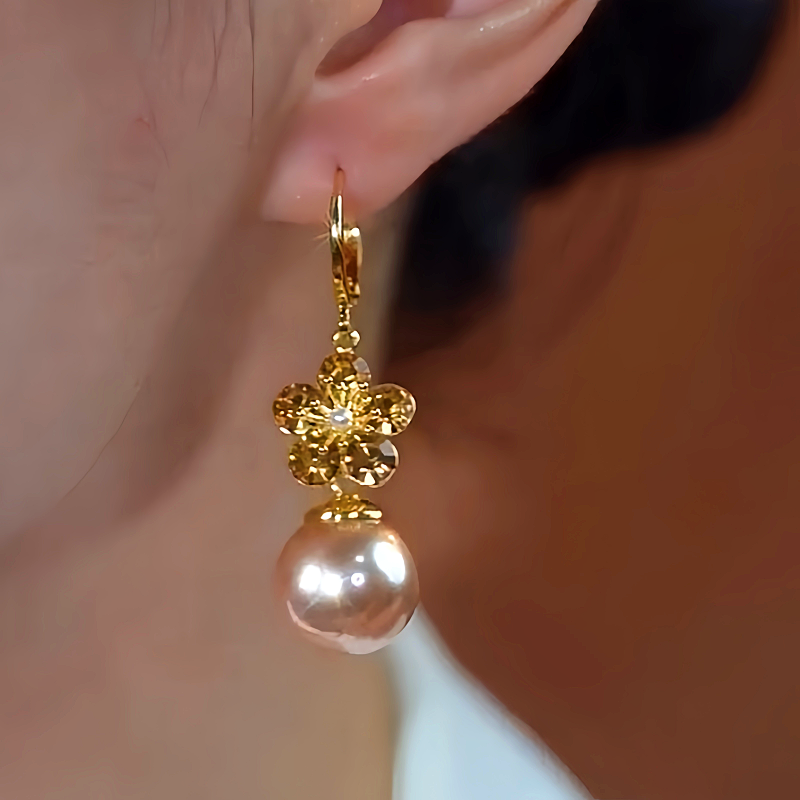 14K Gold-Plated Elegant Flower Champagne Pearl Earrings