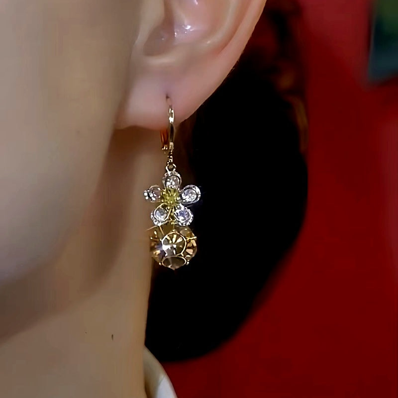 14K Gold-Plated Elegant Flower Diamond Ball Earrings