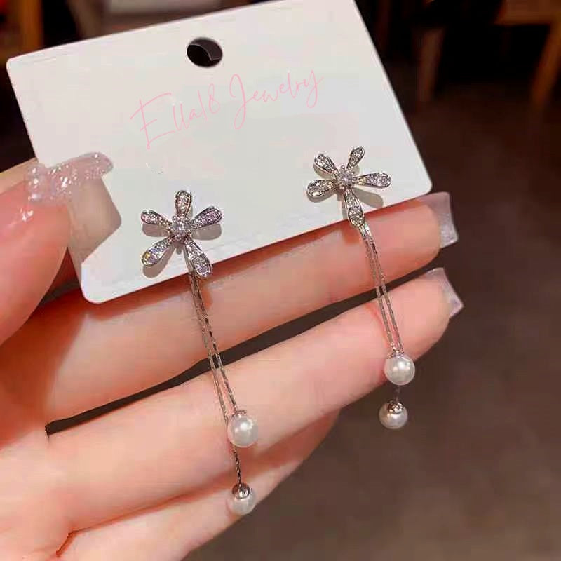 14K Gold-Plated Elegant Flower Pearl Tassel Earrings