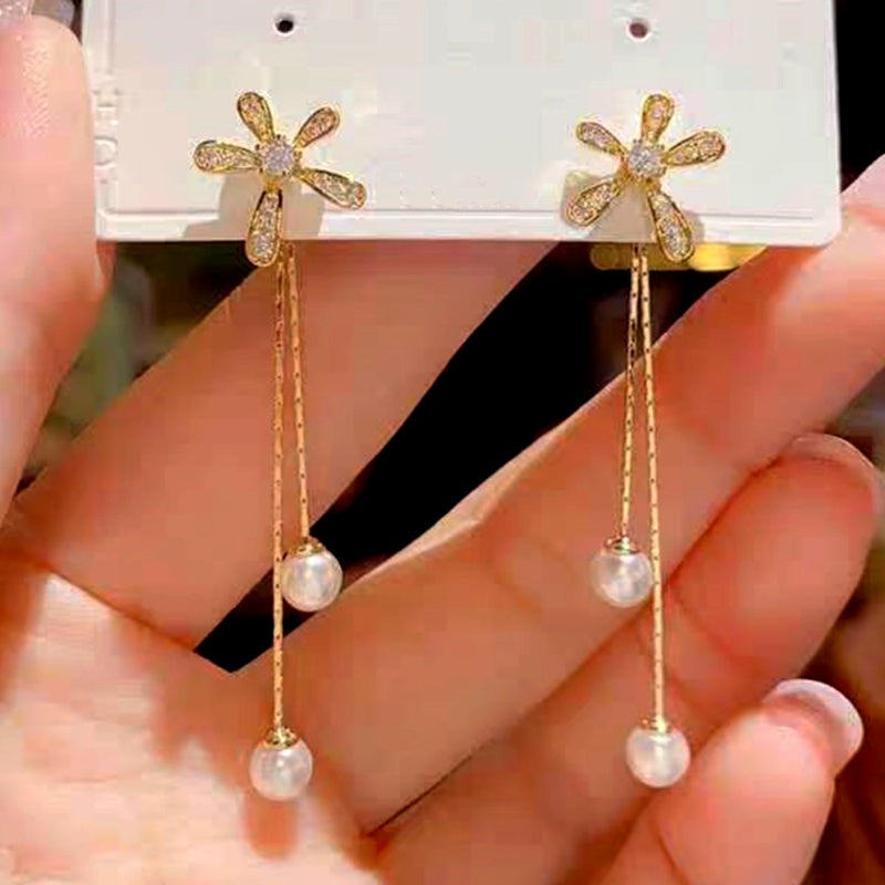 14K Gold-Plated Elegant Flower Pearl Tassel Earrings