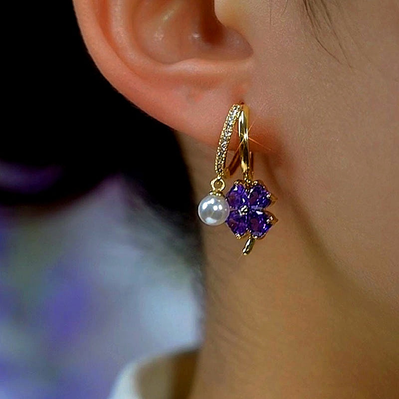14K Gold-Plated Elegant Purple Four-Leaf Flower Pearl Earrings