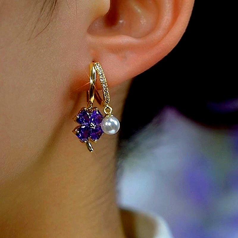 14K Gold-Plated Elegant Purple Four-Leaf Flower Pearl Earrings