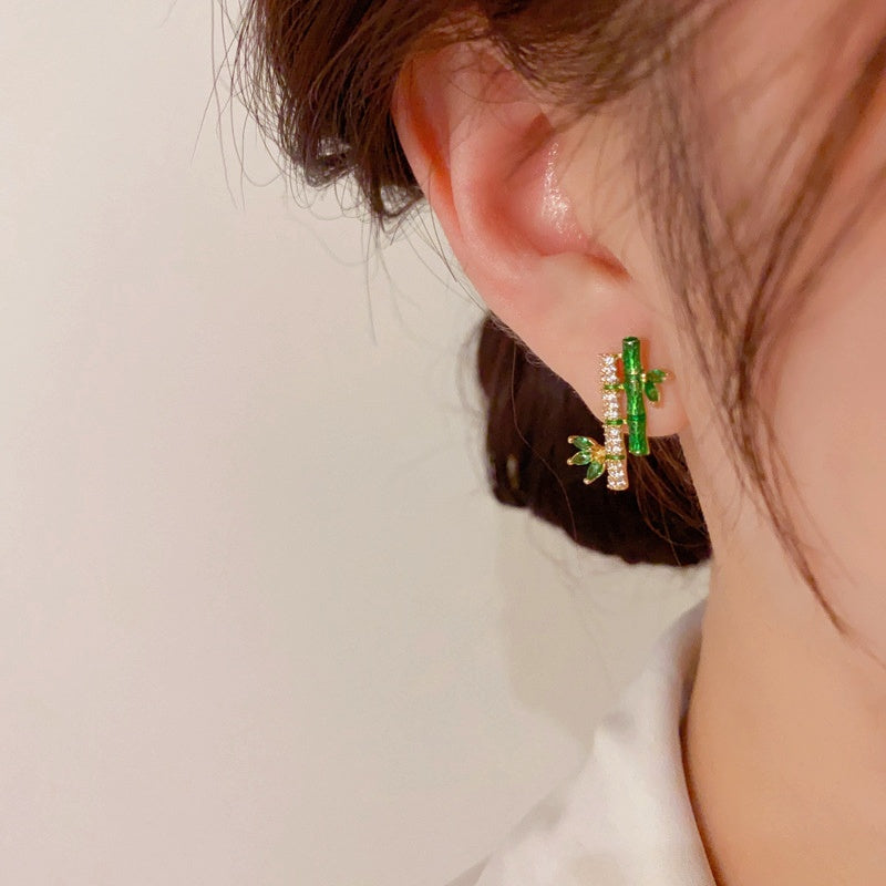 14K Gold-Plated Elegant Fresh Green Bamboo Stud Earrings