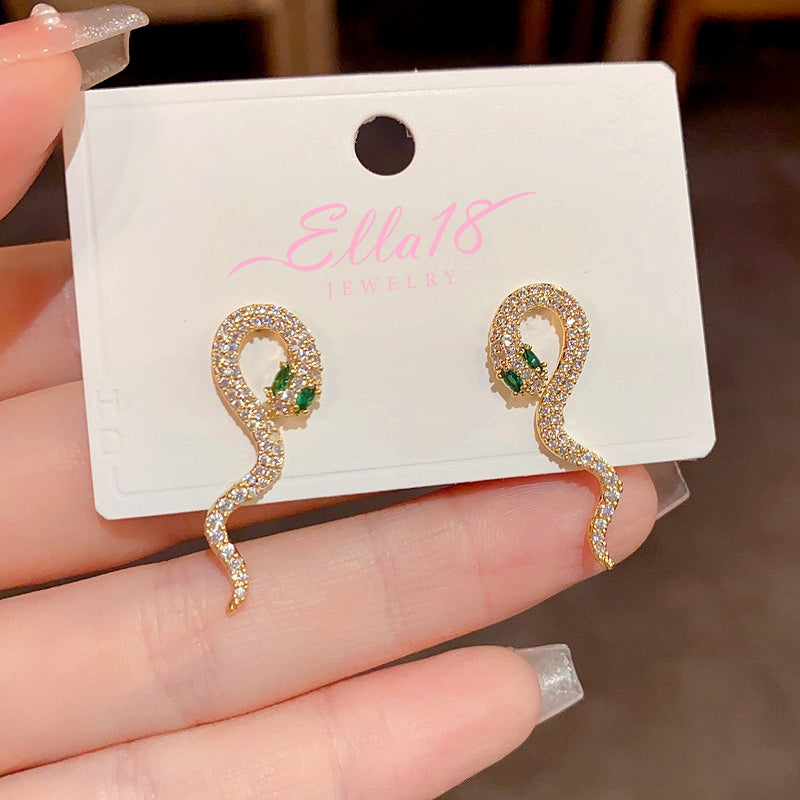 14K Gold-Plated Elegant Full Diamond Snake-Shaped Earrings