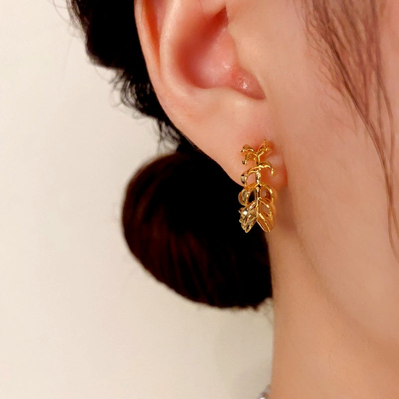 14K Gold-Plated Elegant Metal Leaf C-Shaped Earrings