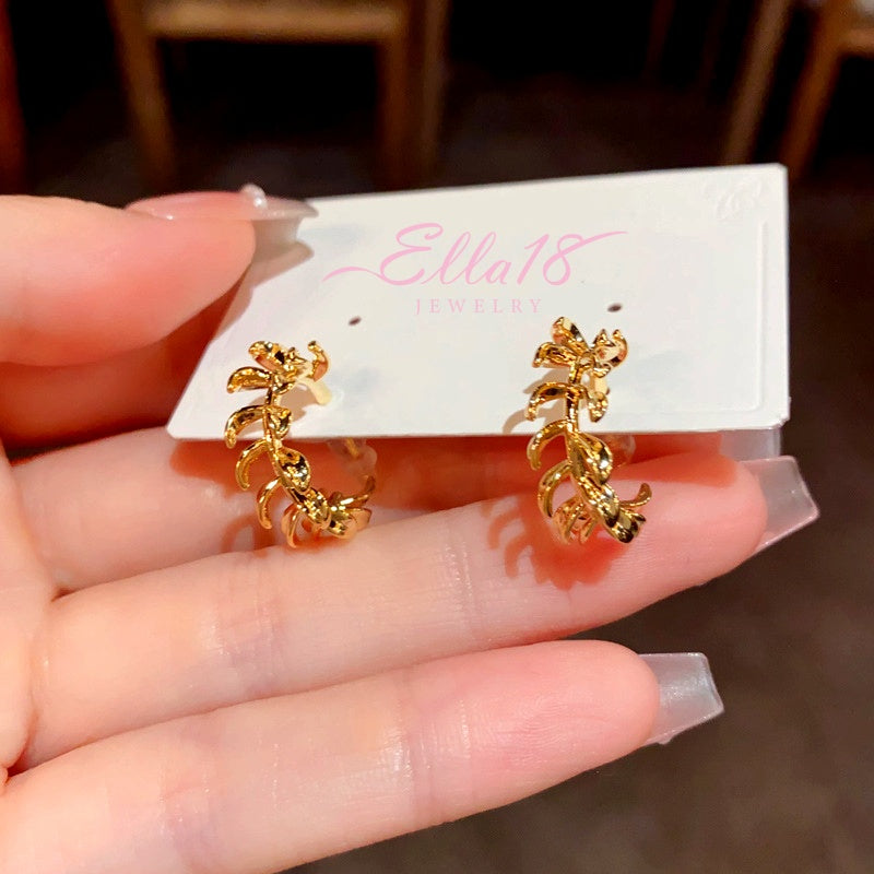 14K Gold-Plated Elegant Metal Leaf C-Shaped Earrings