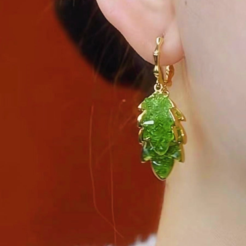 14K Gold-Plated Elegant Green Crystal Leaf Earrings