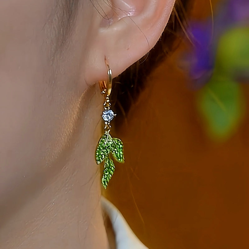 14K Gold-Plated Elegant Green Crystal Leaf Earrings