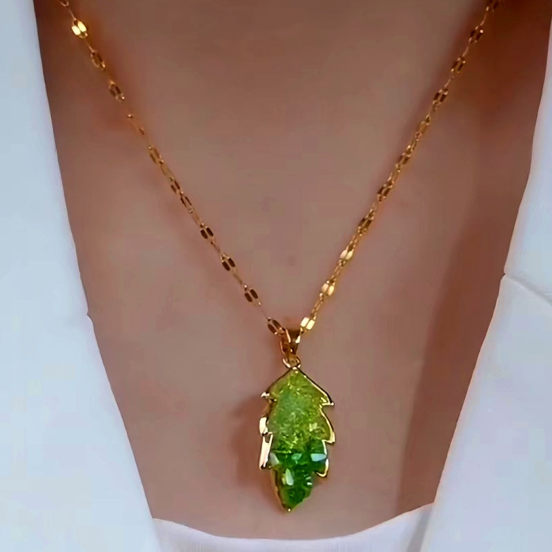 14K Gold-Plated Elegant Green Crystal Leaf Necklaces