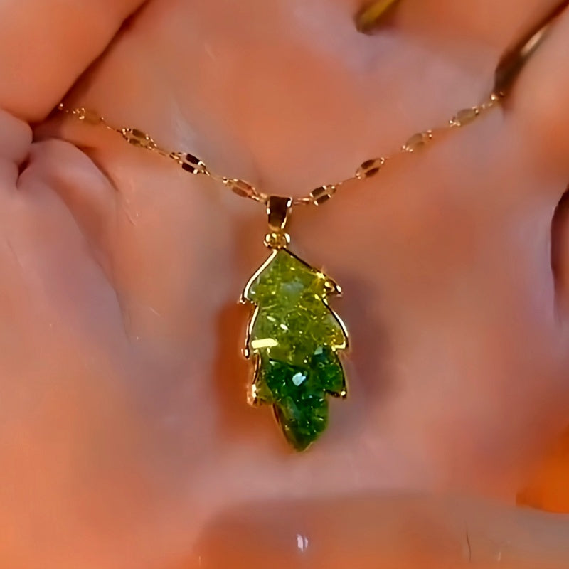 14K Gold-Plated Elegant Green Crystal Leaf Necklaces