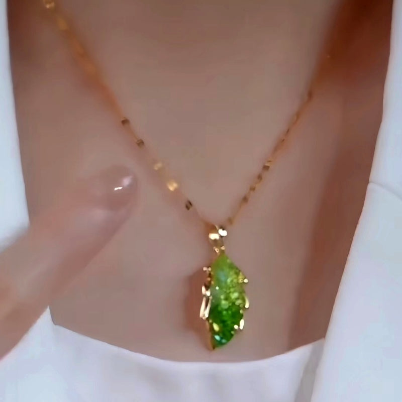 14K Gold-Plated Elegant Green Crystal Leaf Necklaces