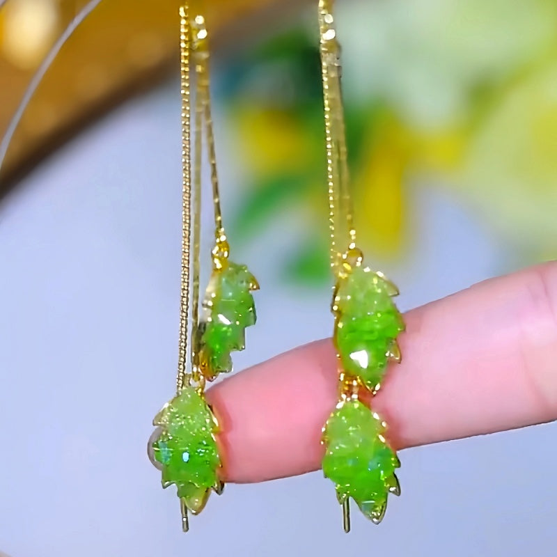 14K Gold-Plated Elegant Green Diamond Leaf Tassel Threader Earrings